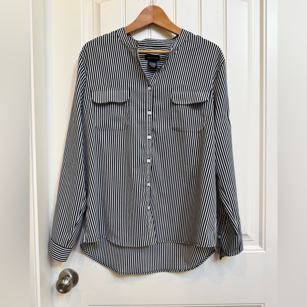 Lord and Taylor Lightweight Polyester Buttoned Black and White Striped Blouse XL